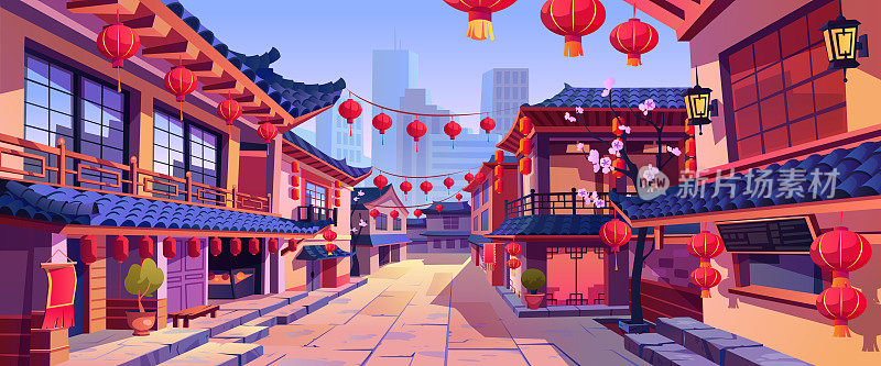 中国新年的街道上挂满了花灯，华埠城的背景。矢量全景与亚洲建筑和樱花，房子和灯笼，花环，摩天大楼的背景