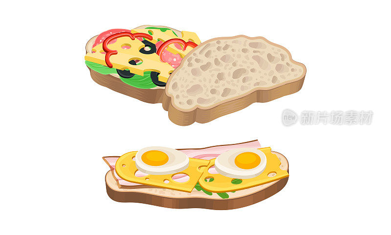 三明治。面食面包与奶酪，培根，鸡蛋和蔬菜矢量插图