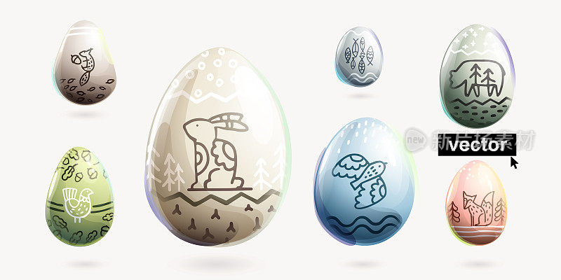一套带有斯堪的纳维亚民间图案的复活节彩蛋。北欧野兔、熊、鱼、狐狸、鸟和松鼠的艺术作品。