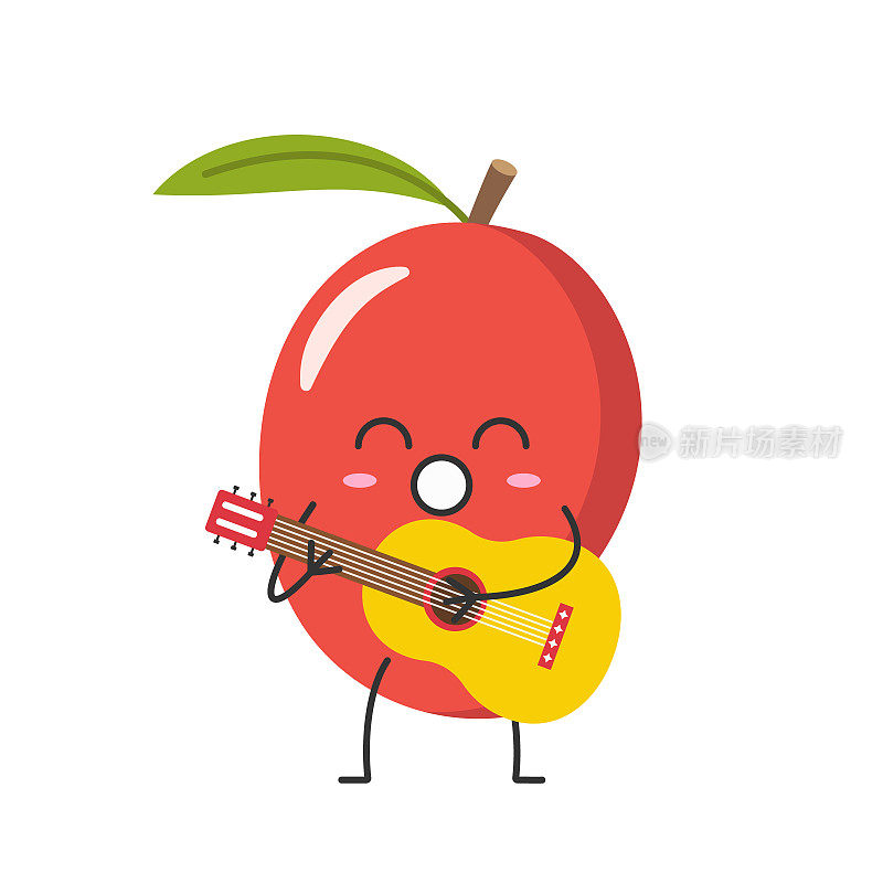 芒果弹吉他唱人物卡通多汁热带水果颜色红色快乐快乐情绪图标矢量插图。
