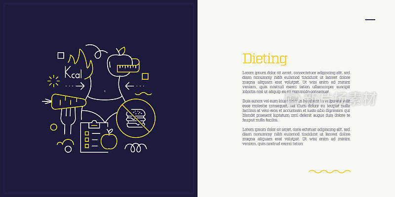 插图向量集节食概念。线条艺术风格的网页，横幅，海报，印刷等背景设计。矢量插图。