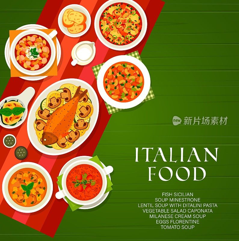 意大利美食，意大利美食卡通矢量海报