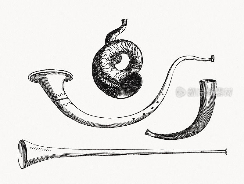 古时各种管乐器，木刻，1862年出版