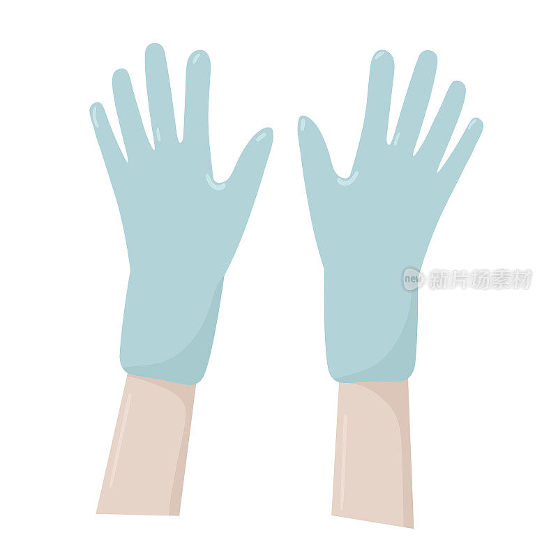 矢量乳胶橡胶手套的手在平面设计。为防疫理念或抗菌、消毒、无菌、居家。签名和图标模板