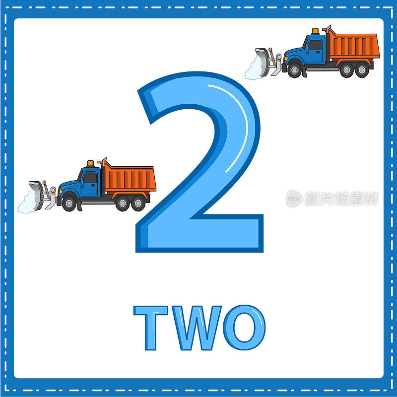 儿童数字教育插图。学习用2个扫雪机数数字2，如图所示在车辆类别中。