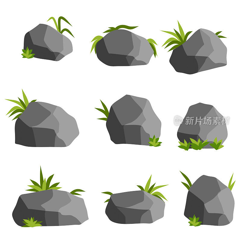 山和森林的元素。一套岩石与草或苔藓的景色-卡通插图