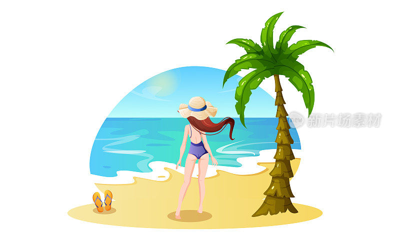 海边的概念。一个穿着泳衣、戴着帽子的女孩站在岸边。