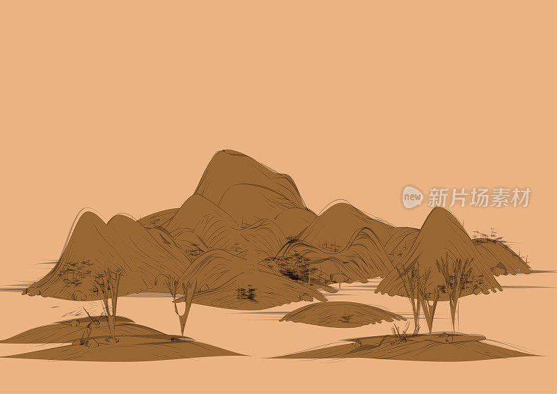 中国传统山水画插图，山、水、树