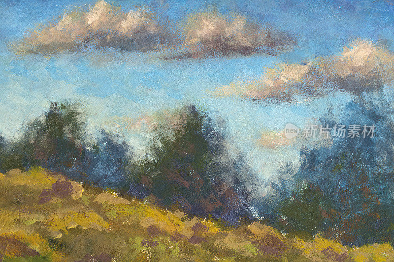 油画秋日棕地，森林前，蓝天白云的艺术背景