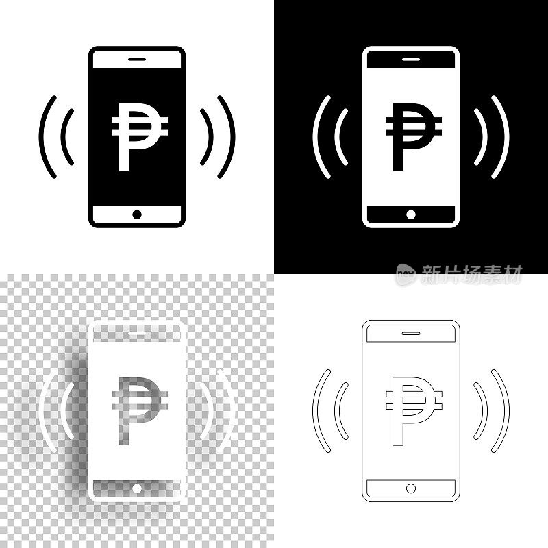手机响着比索标志。图标设计。空白，白色和黑色背景-线图标