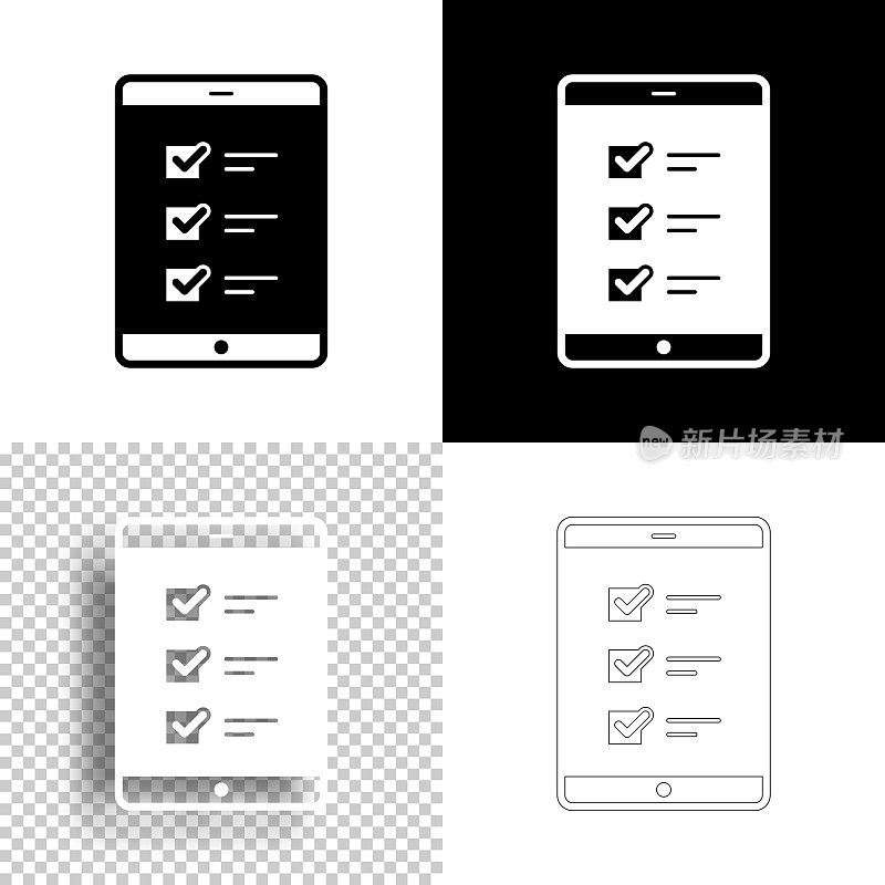 平板电脑与检查表。图标设计。空白，白色和黑色背景-线图标