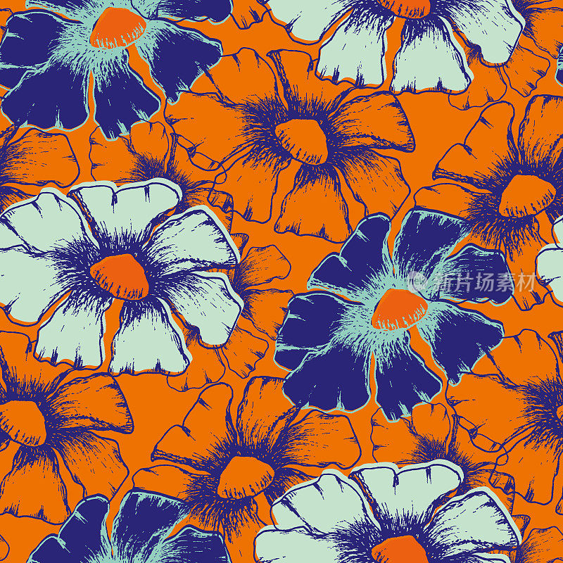 热带野生草甸花无缝向量模式背景。复古插画风格的背景与手绘轮廓花。优雅的植物纹理重复设计霓虹橙色靛蓝。