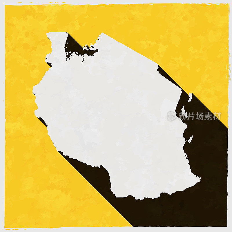 坦桑尼亚地图与纹理黄色背景上的长阴影
