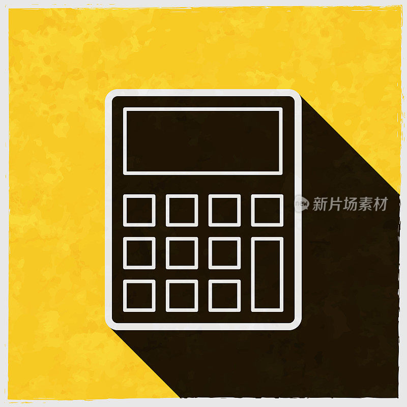 计算器。图标与长阴影的纹理黄色背景