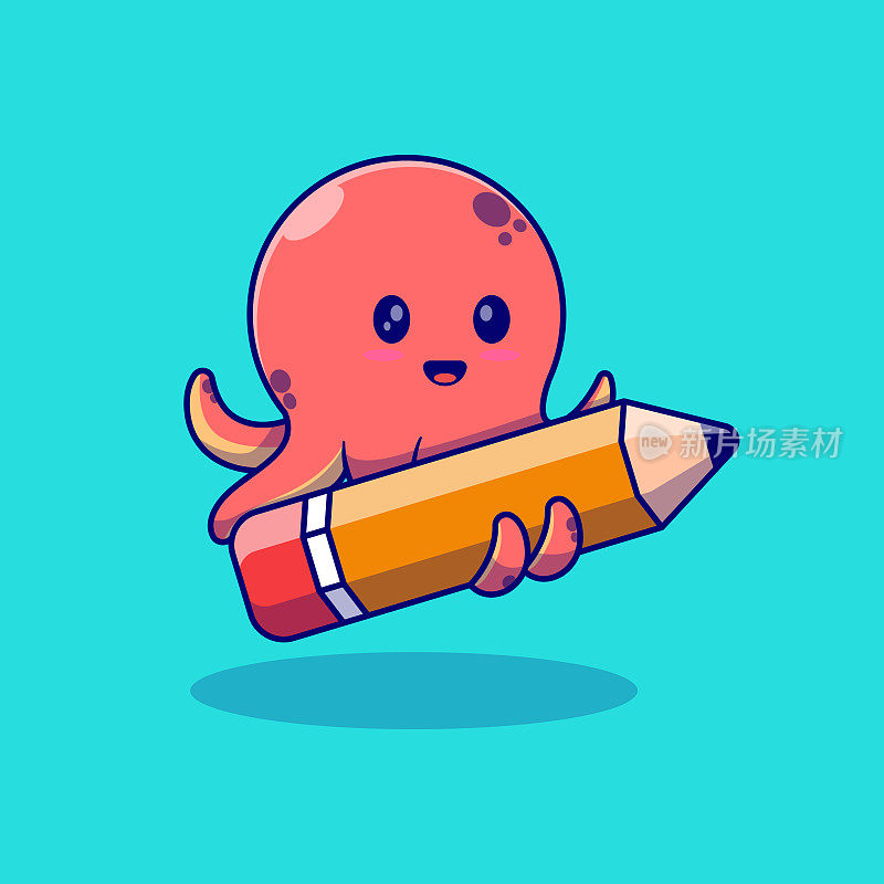 可爱的小章鱼矢量插图设计握着一支铅笔
