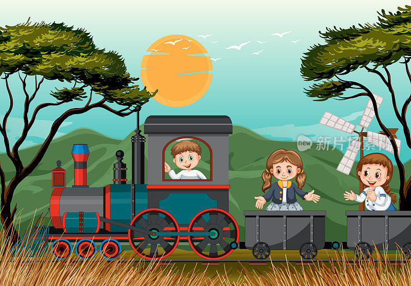 一个孩子在火车上与自然风景