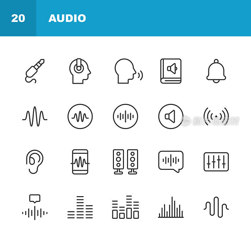 音频线图标。可编辑的中风。包含这样的图标，声音，音量，静音，音乐，声波，频率，立体声，混合器，扬声器，耳机，音乐，收音机，麦克风，耳机，说话，耳朵。