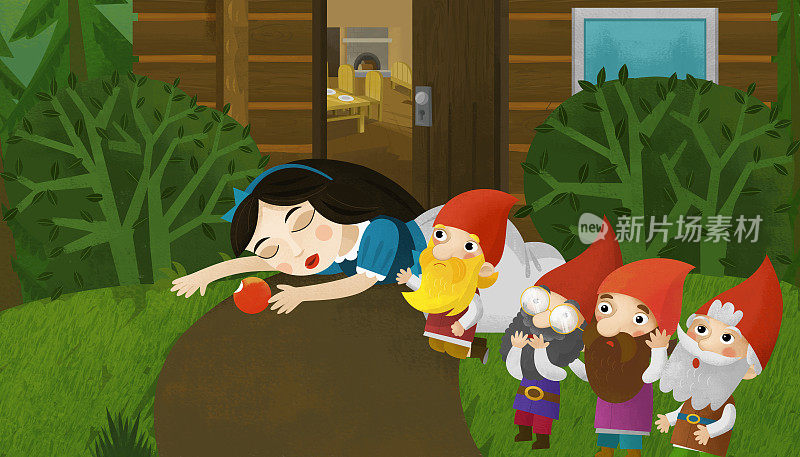 卡通场景与小矮人和公主附近的房子插图儿童的卡通场景与小矮人和公主附近的房子插图