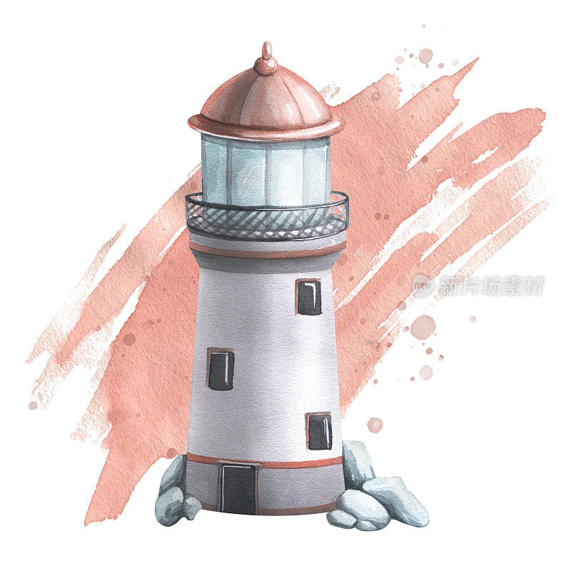 在水彩斑点和水花的背景上有鹅卵石的海上灯塔。水彩插图。一大群鲸鱼的组成。用于明信片、海报的设计和装饰
