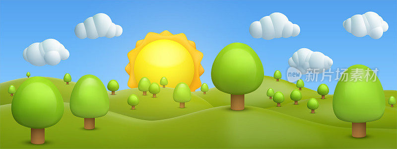 3d现实卡通全景夏天的景观背景与绿色的山丘，树木，山，云，太阳，在蓝天上。可爱的孩子自然环境构成。矢量插图。