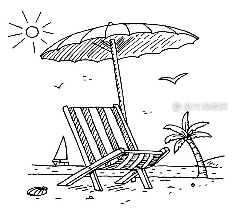 手绘海滩和日光浴床