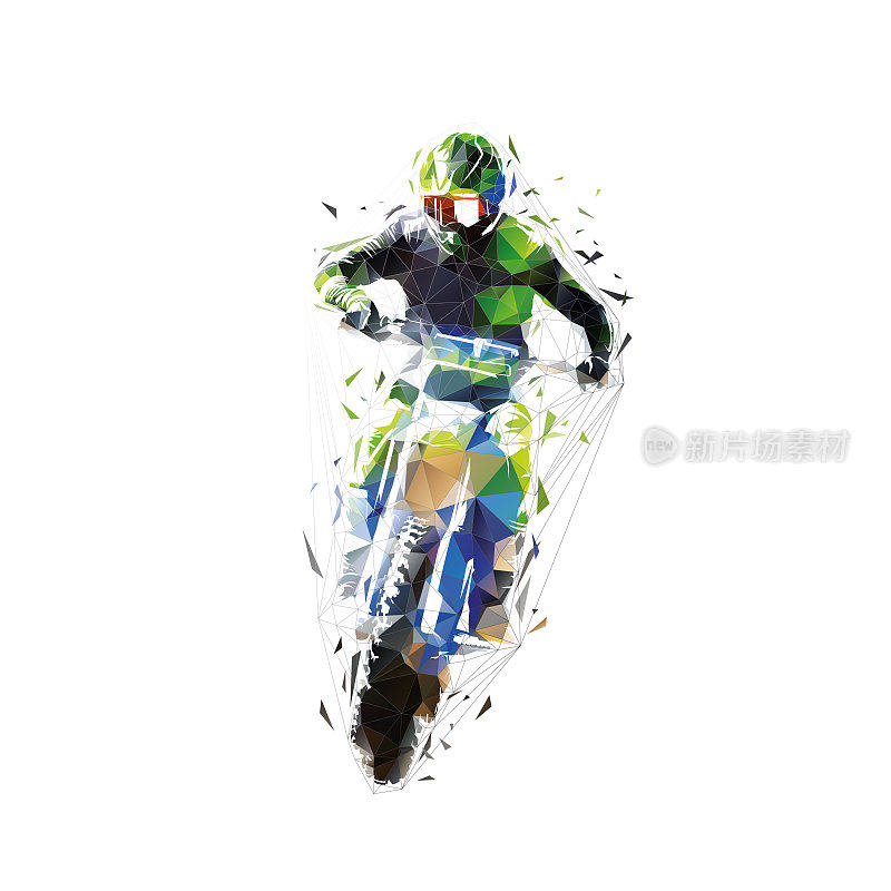 越野赛。骑手在摩托车上跳跃，孤立的低多边形矢量插图，正面视图。Enduro摩托车越野标志，几何绘制从三角形