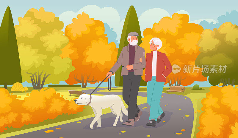 秋天，一对老夫妇牵着狗在公园里散步。老年人在散步。平面风格的矢量插图