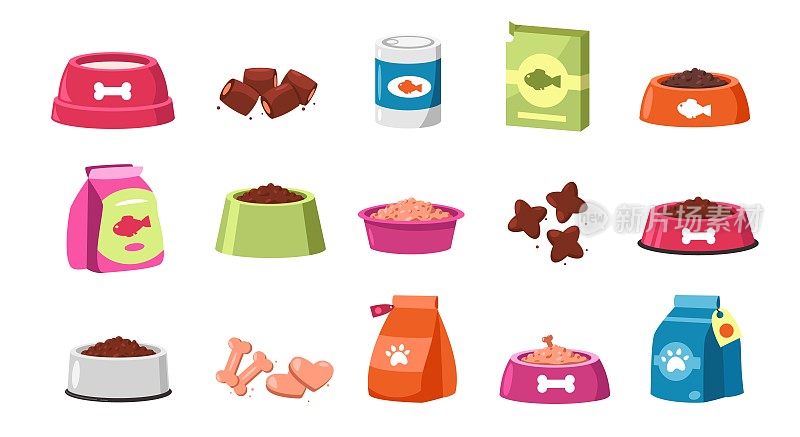 宠物食品。干饭猫和狗卡通风格，彩色碗罐包装容器与对待家畜饲料品种