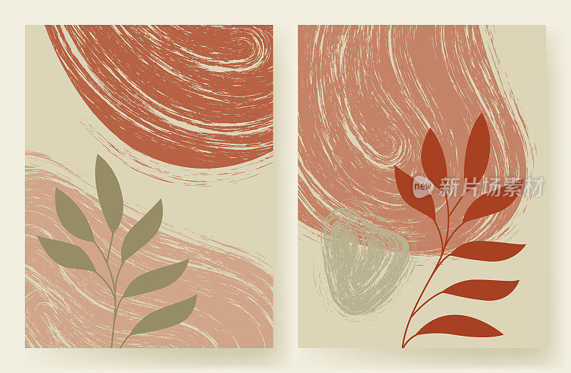 一套抽象的波西米亚风格的垂直海报与植物树枝。