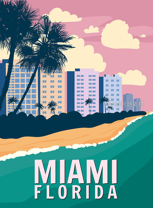 迈阿密海滩城市天际线，复古海报。海岸、冲浪、海洋。矢量图的
