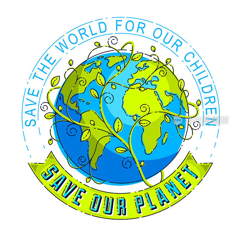 拯救我们的地球，保护环境，应对气候变化，地球日4月22日，用丝带和类型矢量和花叶绿色生长，矢量徽章或插图隔离在白色。