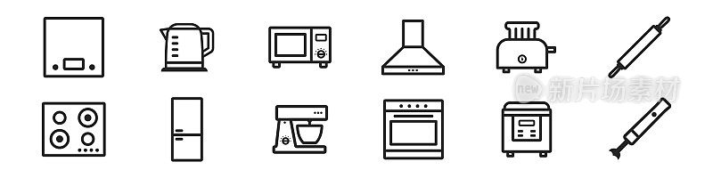 简单的图标集厨房电器。烹饪的象征。包含诸如烤面包机，水壶，厨房秤，烤箱等图标。