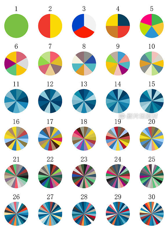 分割共享圆的向量集饼图各种扇区数划分共享等份圆颜色信息图用于网页设计用户界面UI