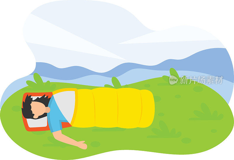 徒步男子放松睡袋概念，冒险铺盖矢量颜色图标设计，户外周末活动符号，旅游假期场景标志，快乐的人在假期股票插图