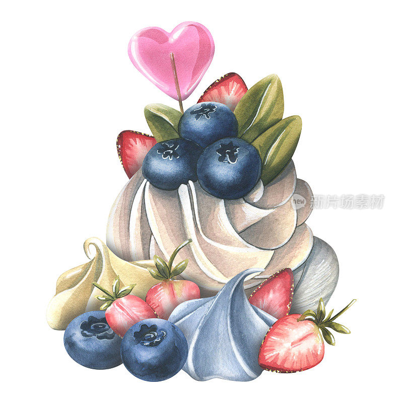 安娜·巴芙洛娃蛋糕，配有蛋白霜、奶油、草莓、蓝莓和心形棒棒糖。水彩插图。《糖果集》中的一幅作品。用于装饰和设计。