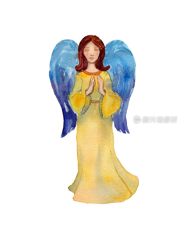 手绘水彩画的神圣天使与蓝色的翅膀祈祷，插图为宗教节日
