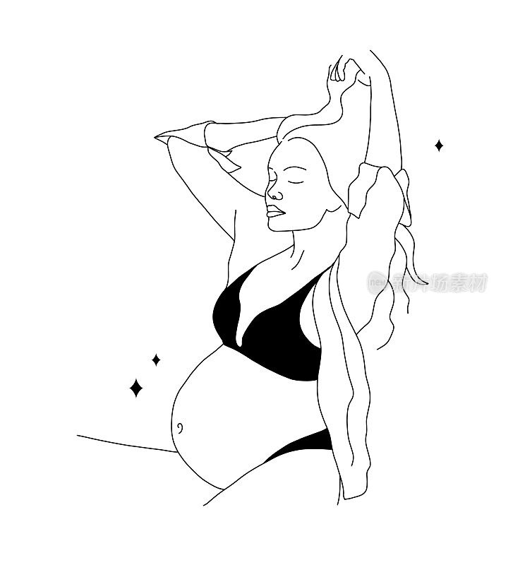 线性的孕妇。抽象的女性剪影。产前时期。怀孕快乐，做母亲快乐。矢量轮廓插图的极简风格
