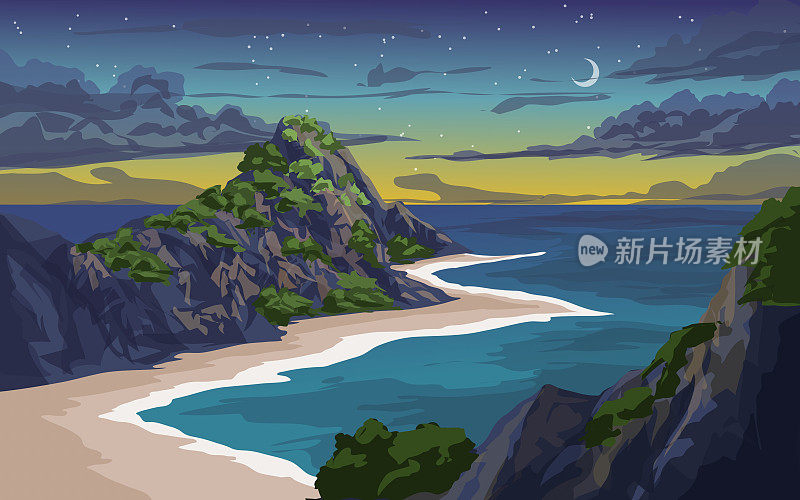 美丽的海滩夜景与山丘。