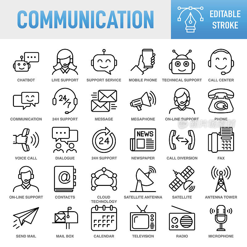现代通用业务通信线路图标集-细线矢量图标集。像素完美。可编辑的中风。移动和网络。该集合包含图标:通信，连接，互联网，技术，商业，电子邮件，使用电话，社交媒体
