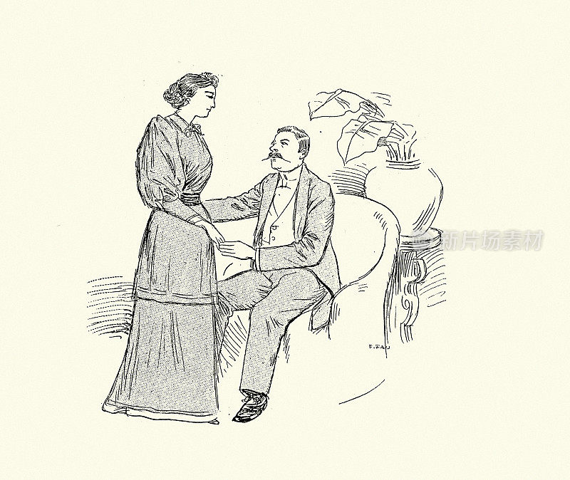 一对维多利亚夫妇手牵着手的古董插图素描，法国，19世纪