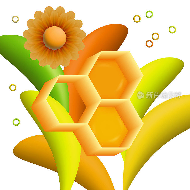 蜂蜜六角形蜂窝的黄色蜂巢3d。用蜡和蜂蜜制成的图案。养蜂概念，海报，横幅。抽象几何形状，马赛克。一片，一片黏黏的蜂巢，小草。向量。