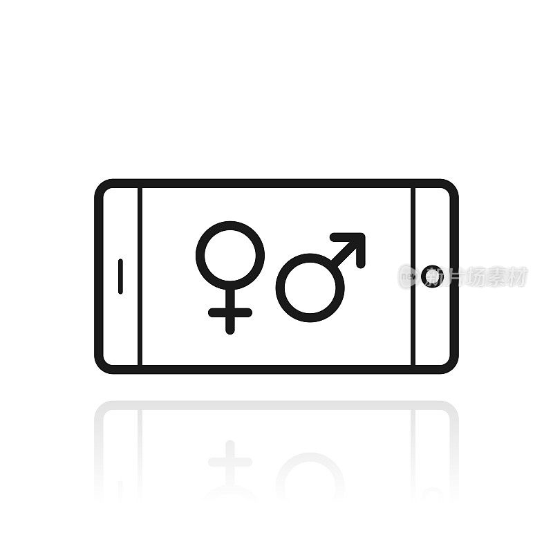 带有性别符号的智能手机。白色背景上反射的图标