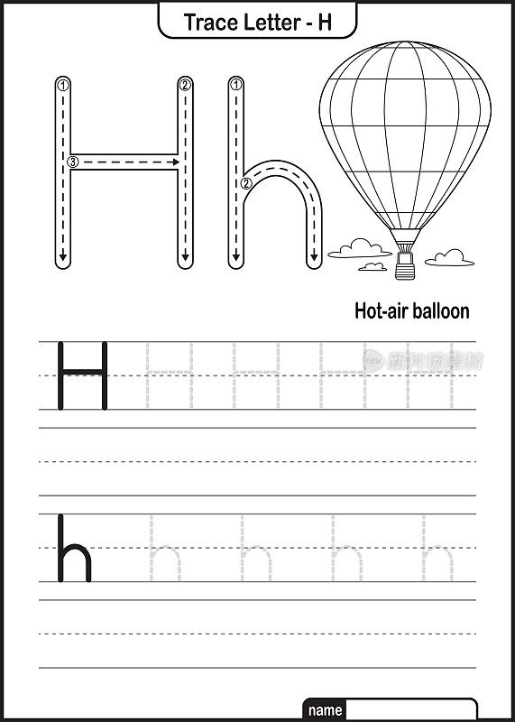 字母跟踪字母A到Z学龄前工作表与字母H热气球亲矢量