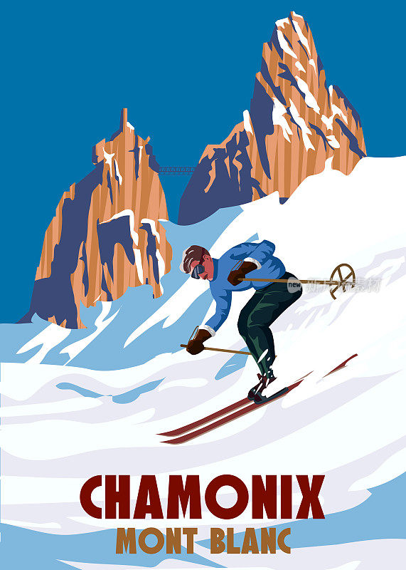 复古旅游海报滑雪夏蒙尼度假村