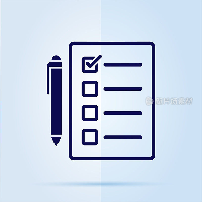 蓝色背景上带有钢笔和检查表的文档图标。