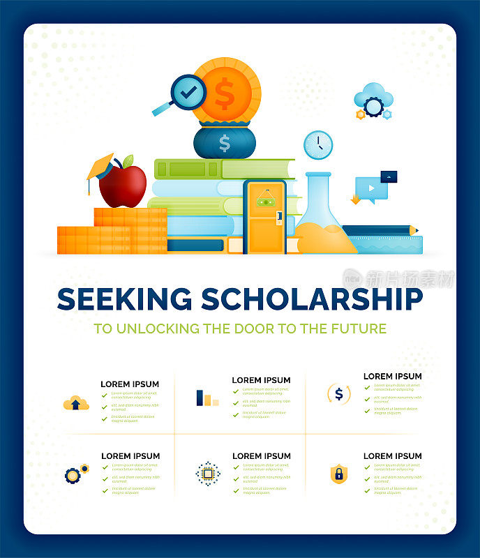 矢量说明寻求学术，打开未来的大门。申请开启教育奖学金机会。可以用于广告，海报，活动，网站，应用程序，社交媒体
