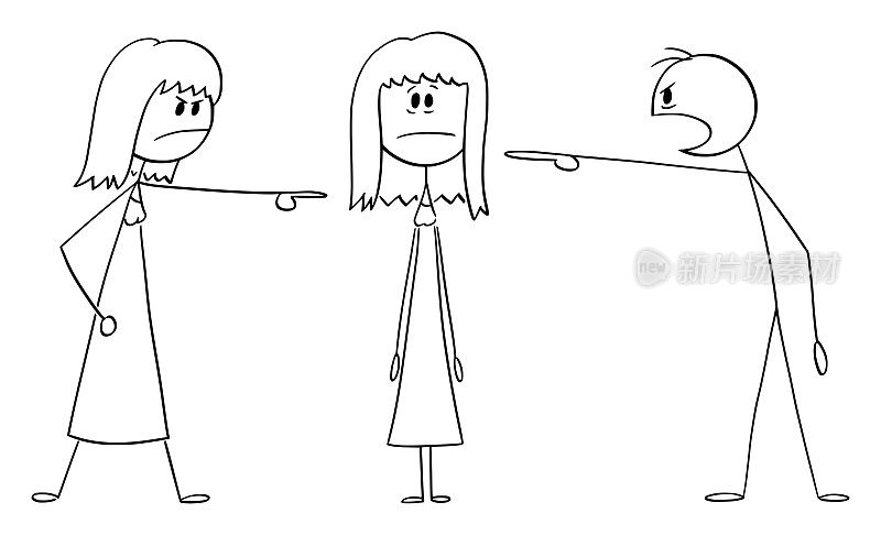 人或父母指责或指责女人或女儿，矢量卡通简笔插图