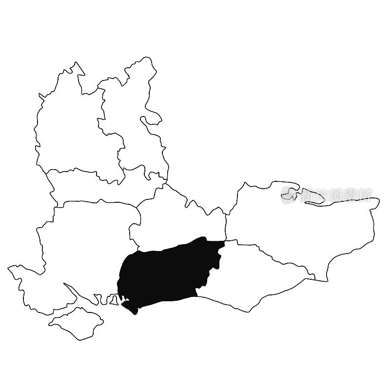英格兰东南部的伍斯特地图，白色背景。在英格兰东南部的行政地图上，单个县的地图以黑色突出显示。