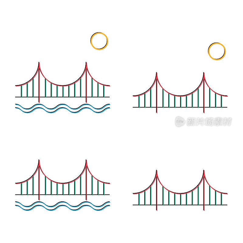 一套剪影桥梁图标，城市建筑设计，旅行线建设符号矢量插图