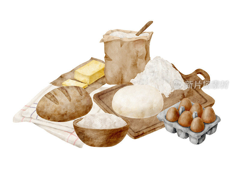 水彩烘焙配料组成。手绘面粉袋和碗，面团，鸡蛋，黄油和烤面包隔离在白色背景。烹饪糕点插图横幅，食谱书，博客。